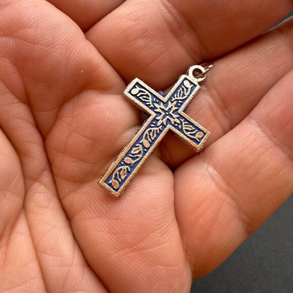 VTG Blue Enamel Cross Pendant Christian Religious Charm Silver Tone - Picture 3 of 5